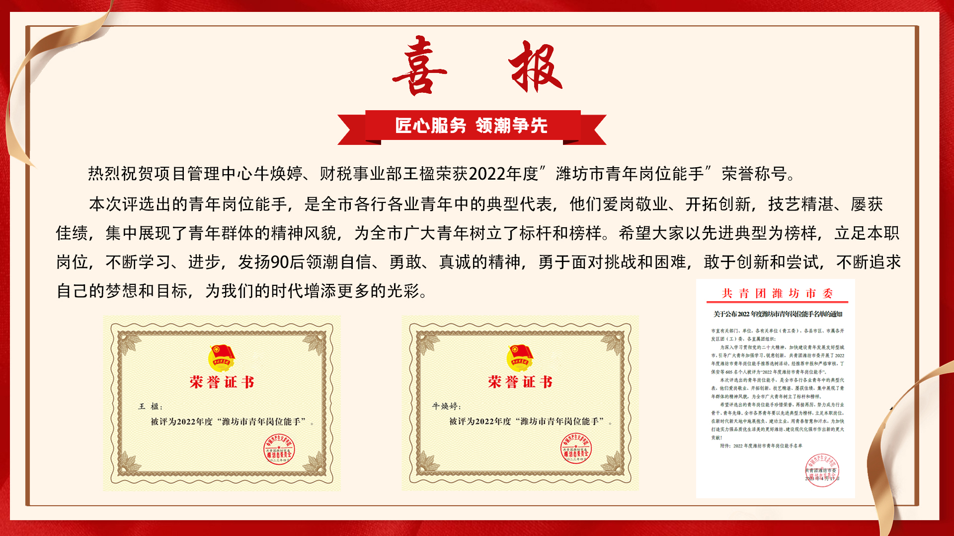 我公司牛焕婷、王楹荣获2022年度潍坊市青年岗位能手荣誉称号